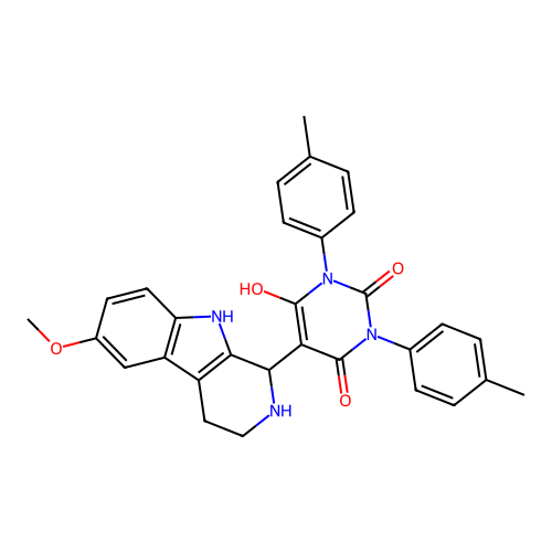6-hydroxy-5-(6-methoxy-2,3,4,9-tetrahydro-1H-pyrido[3,4-b]indol-1-yl)-1,3-di-p-tolylpyrimidine-2,4(1H,3H)-dione structure