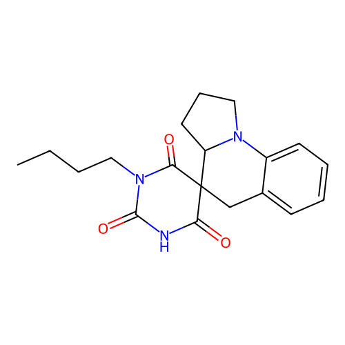 1-butyl-2',3',3a',5'-tetrahydro-1H,1'H-spiro[pyrimidine-5,4'-pyrrolo[1,2-a]quinoline]-2,4,6(3H)-trione structure