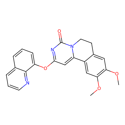 9,10-dimethoxy-2-(quinolin-8-yloxy)-6,7-dihydro-4H-pyrimido[6,1-a]isoquinolin-4-one structure