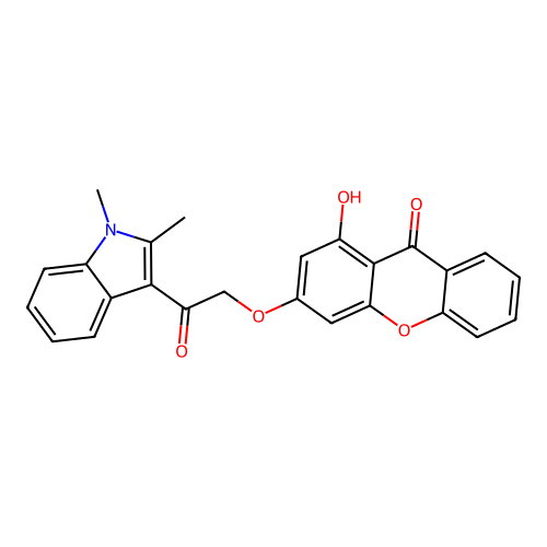 3-[2-(1,2-dimethyl-1H-indol-3-yl)-2-oxoethoxy]-1-hydroxy-9H-xanthen-9-one structure