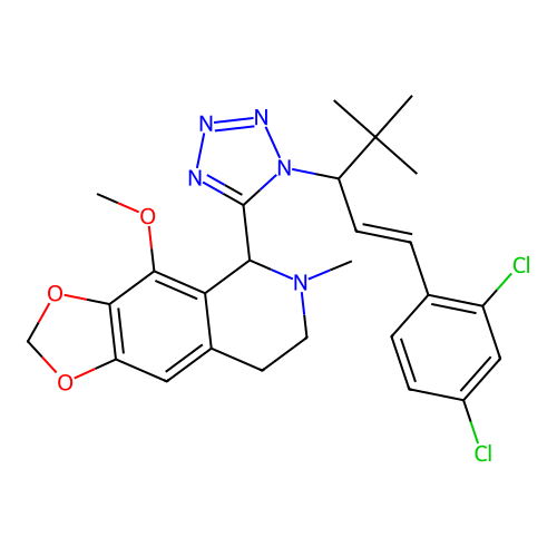 (E)-5-(1-(1-(2,4-dichlorophenyl)-4,4-dimethylpent-1-en-3-yl)-1H-tetrazol-5-yl)-4-methoxy-6-methyl-5,6,7,8-tetrahydro-[1,3]dioxolo[4,5-g]isoquinoline structure