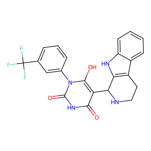 6-hydroxy-5-(2,3,4,9-tetrahydro-1H-pyrido[3,4-b]indol-1-yl)-3-(3-(trifluoromethyl)phenyl)pyrimidine-2,4(1H,3H)-dione structure