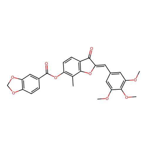 (Z)-7-methyl-3-oxo-2-(3,4,5-trimethoxybenzylidene)-2,3-dihydrobenzofuran-6-yl benzo[d][1,3]dioxole-5-carboxylate structure