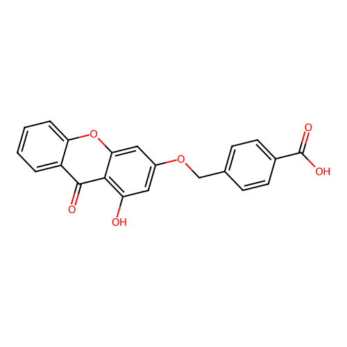 4-{[(1-hydroxy-9-oxo-9H-xanthen-3-yl)oxy]methyl}benzoic acid structure