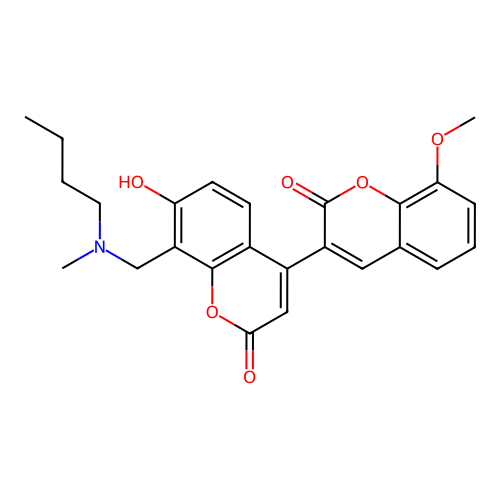 8'-((butyl(methyl)amino)methyl)-7'-hydroxy-8-methoxy-2H,2'H-[3,4'-bichromene]-2,2'-dione structure