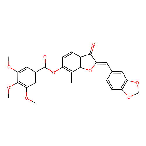 (Z)-2-(benzo[d][1,3]dioxol-5-ylmethylene)-7-methyl-3-oxo-2,3-dihydrobenzofuran-6-yl 3,4,5-trimethoxybenzoate structure