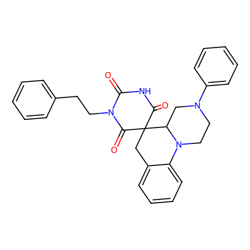 1'-phenethyl-3-phenyl-1,2,3,4,4a,6-hexahydro-1'H-spiro[pyrazino[1,2-a]quinoline-5,5'-pyrimidine]-2',4',6'(3'H)-trione structure