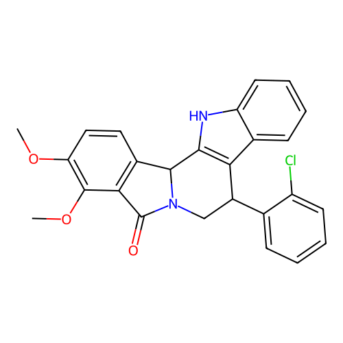 8-(2-chlorophenyl)-3,4-dimethoxy-7,8,13,13b-tetrahydro-5H-benzo[1,2]indolizino[8,7-b]indol-5-one structure