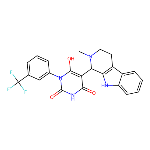 6-hydroxy-5-(2-methyl-2,3,4,9-tetrahydro-1H-pyrido[3,4-b]indol-1-yl)-3-(3-(trifluoromethyl)phenyl)pyrimidine-2,4(1H,3H)-dione structure