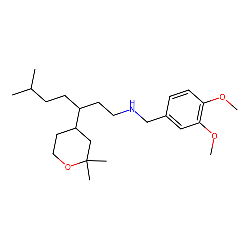 N-(3,4-dimethoxybenzyl)-3-(2,2-dimethyltetrahydro-2H-pyran-4-yl)-6-methylheptan-1-amine structure