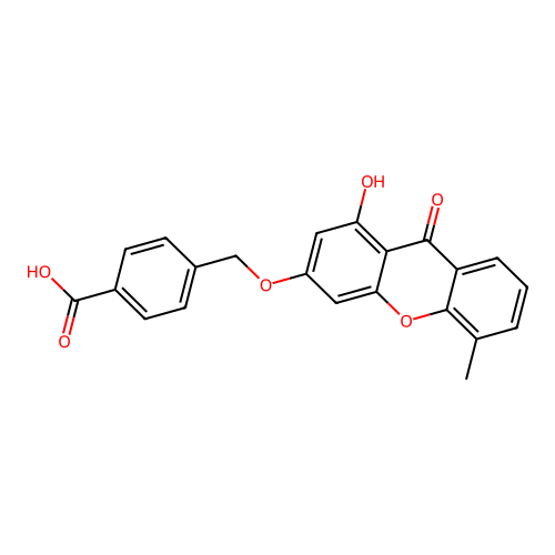 4-(((1-hydroxy-5-methyl-9-oxo-9H-xanthen-3-yl)oxy)methyl)benzoic acid structure