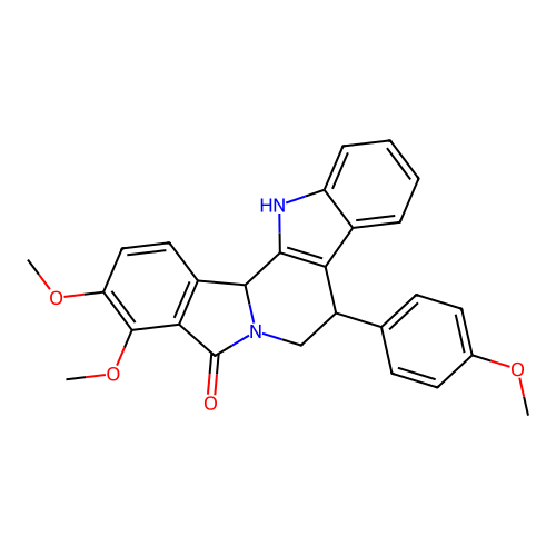 3,4-dimethoxy-8-(4-methoxyphenyl)-7,8,13,13b-tetrahydro-5H-benzo[1,2]indolizino[8,7-b]indol-5-one structure