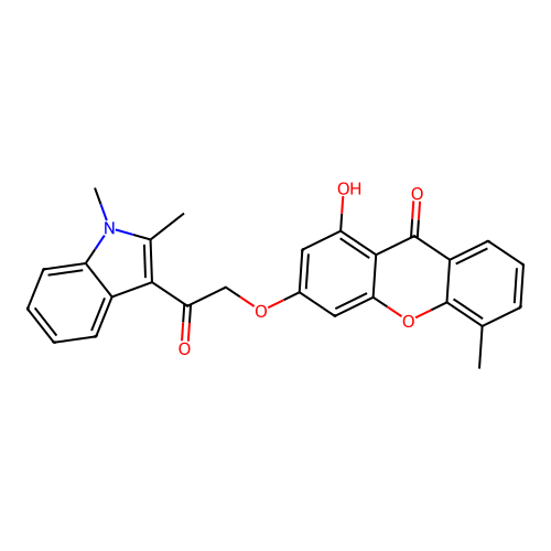 3-(2-(1,2-dimethyl-1H-indol-3-yl)-2-oxoethoxy)-1-hydroxy-5-methyl-9H-xanthen-9-one structure
