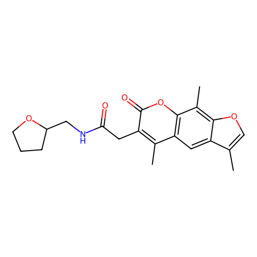 N-((tetrahydrofuran-2-yl)methyl)-2-(3,5,9-trimethyl-7-oxo-7H-furo[3,2-g]chromen-6-yl)acetamide structure