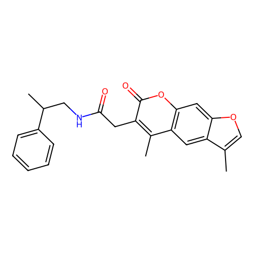 2-(3,5-dimethyl-7-oxo-7H-furo[3,2-g]chromen-6-yl)-N-(2-phenylpropyl)acetamide structure