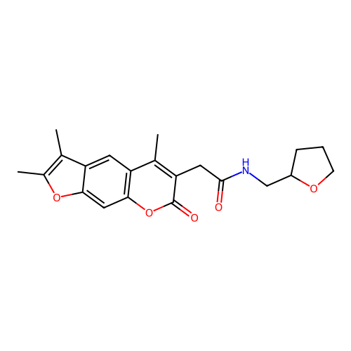 N-((tetrahydrofuran-2-yl)methyl)-2-(2,3,5-trimethyl-7-oxo-7H-furo[3,2-g]chromen-6-yl)acetamide structure