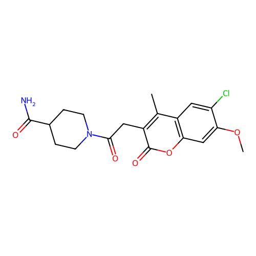 1-(2-(6-chloro-7-methoxy-4-methyl-2-oxo-2H-chromen-3-yl)acetyl)piperidine-4-carboxamide structure
