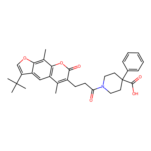 1-(3-(3-(tert-butyl)-5,9-dimethyl-7-oxo-7H-furo[3,2-g]chromen-6-yl)propanoyl)-4-phenylpiperidine-4-carboxylic acid structure