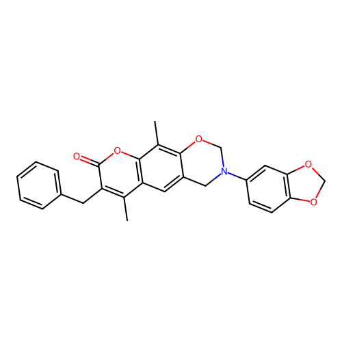 3-(benzo[d][1,3]dioxol-5-yl)-7-benzyl-6,10-dimethyl-3,4-dihydrochromeno[6,7-e][1,3]oxazin-8(2H)-one structure