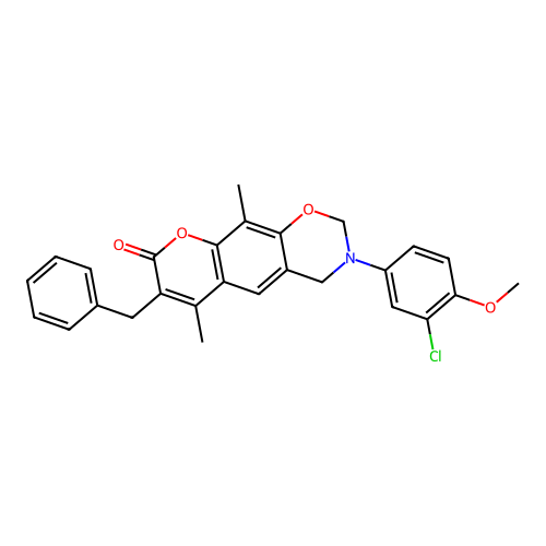 7-benzyl-3-(3-chloro-4-methoxyphenyl)-6,10-dimethyl-3,4-dihydrochromeno[6,7-e][1,3]oxazin-8(2H)-one structure