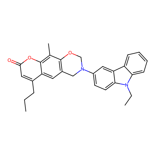 3-(9-ethyl-9H-carbazol-3-yl)-10-methyl-6-propyl-3,4-dihydrochromeno[6,7-e][1,3]oxazin-8(2H)-one structure