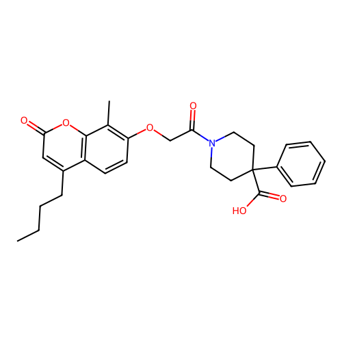 1-(2-((4-butyl-8-methyl-2-oxo-2H-chromen-7-yl)oxy)acetyl)-4-phenylpiperidine-4-carboxylic acid structure