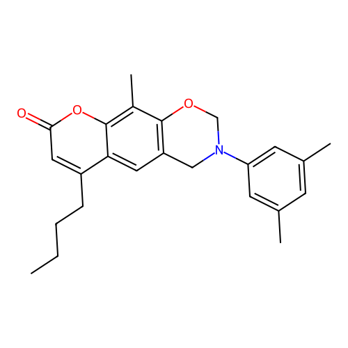6-butyl-3-(3,5-dimethylphenyl)-10-methyl-3,4-dihydrochromeno[6,7-e][1,3]oxazin-8(2H)-one structure