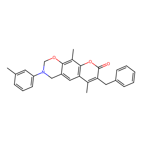 7-benzyl-6,10-dimethyl-3-(m-tolyl)-3,4-dihydrochromeno[6,7-e][1,3]oxazin-8(2H)-one structure