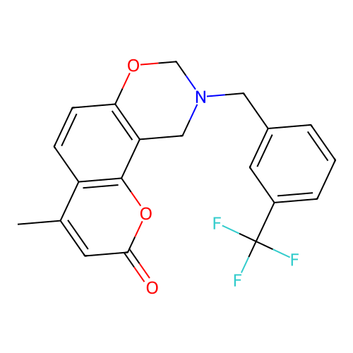 4-methyl-9-(3-(trifluoromethyl)benzyl)-9,10-dihydrochromeno[8,7-e][1,3]oxazin-2(8H)-one structure