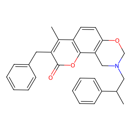 3-benzyl-4-methyl-9-(2-phenylpropyl)-9,10-dihydrochromeno[8,7-e][1,3]oxazin-2(8H)-one structure