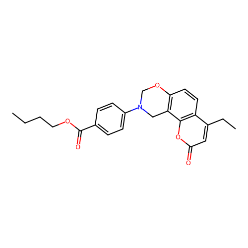 butyl 4-(4-ethyl-2-oxochromeno[8,7-e][1,3]oxazin-9(2H,8H,10H)-yl)benzoate structure