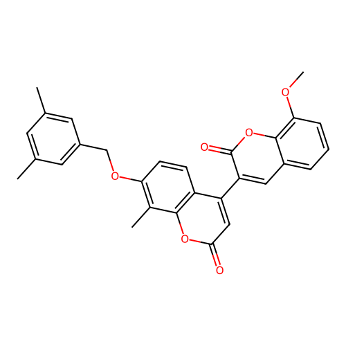 7'-((3,5-dimethylbenzyl)oxy)-8-methoxy-8'-methyl-2H,2'H-[3,4'-bichromene]-2,2'-dione structure