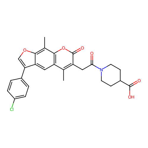1-(2-(3-(4-chlorophenyl)-5,9-dimethyl-7-oxo-7H-furo[3,2-g]chromen-6-yl)acetyl)piperidine-4-carboxylic acid structure