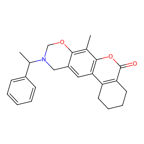 7-methyl-10-(1-phenylethyl)-1,2,3,4,10,11-hexahydrobenzo[3,4]chromeno[6,7-e][1,3]oxazin-5(9H)-one structure