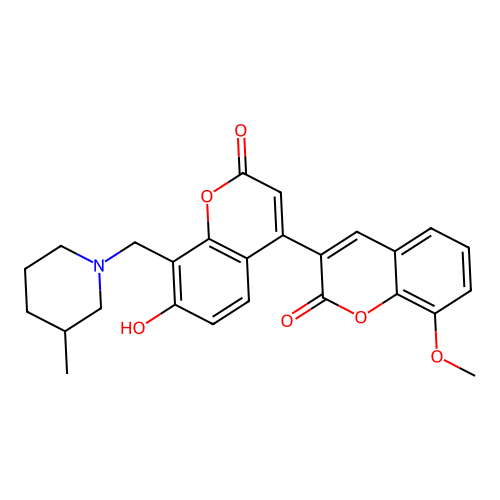 7'-hydroxy-8-methoxy-8'-[(3-methylpiperidin-1-yl)methyl]-2H,2'H-3,4'-bichromene-2,2'-dione structure