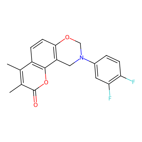 9-(3,4-difluorophenyl)-3,4-dimethyl-9,10-dihydrochromeno[8,7-e][1,3]oxazin-2(8H)-one structure