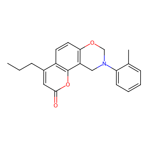 4-propyl-9-(o-tolyl)-9,10-dihydrochromeno[8,7-e][1,3]oxazin-2(8H)-one structure