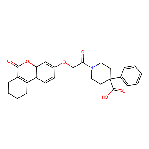 1-(2-((6-oxo-7,8,9,10-tetrahydro-6H-benzo[c]chromen-3-yl)oxy)acetyl)-4-phenylpiperidine-4-carboxylic acid structure
