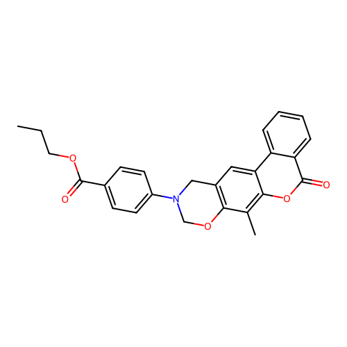propyl 4-(7-methyl-5-oxobenzo[3,4]chromeno[6,7-e][1,3]oxazin-10(5H,9H,11H)-yl)benzoate structure