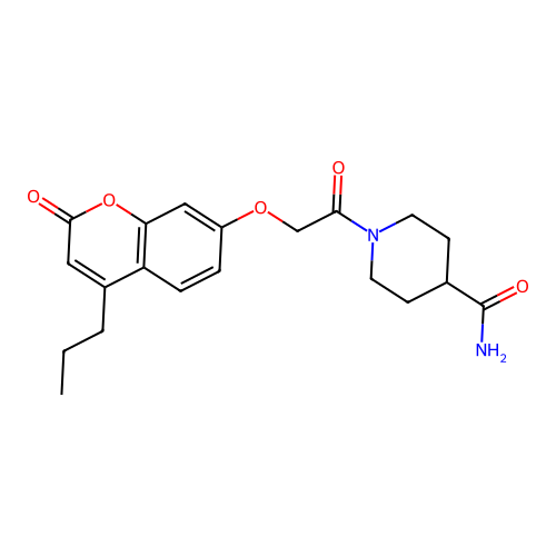 1-(2-((2-oxo-4-propyl-2H-chromen-7-yl)oxy)acetyl)piperidine-4-carboxamide structure