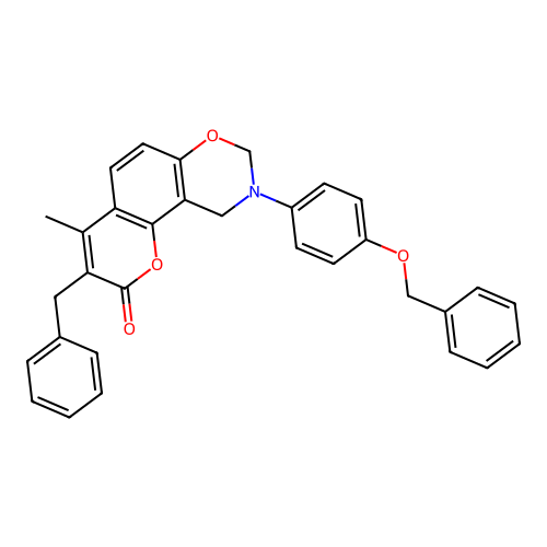 3-benzyl-9-(4-(benzyloxy)phenyl)-4-methyl-9,10-dihydrochromeno[8,7-e][1,3]oxazin-2(8H)-one structure