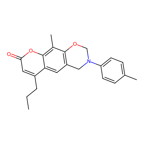10-methyl-6-propyl-3-(p-tolyl)-3,4-dihydrochromeno[6,7-e][1,3]oxazin-8(2H)-one structure
