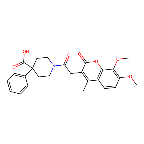 1-(2-(7,8-dimethoxy-4-methyl-2-oxo-2H-chromen-3-yl)acetyl)-4-phenylpiperidine-4-carboxylic acid structure