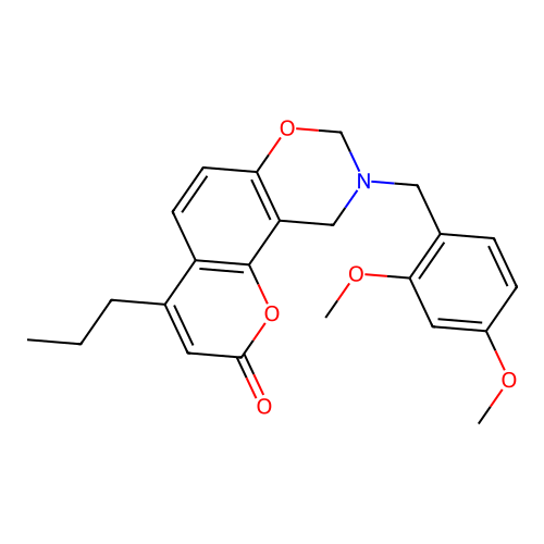 9-(2,4-dimethoxybenzyl)-4-propyl-9,10-dihydrochromeno[8,7-e][1,3]oxazin-2(8H)-one structure