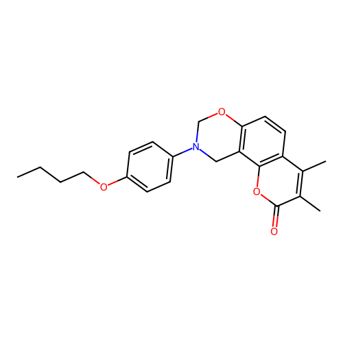 9-(4-butoxyphenyl)-3,4-dimethyl-9,10-dihydrochromeno[8,7-e][1,3]oxazin-2(8H)-one structure