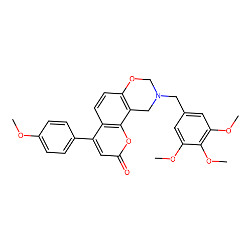 4-(4-methoxyphenyl)-9-(3,4,5-trimethoxybenzyl)-9,10-dihydro-2H,8H-chromeno[8,7-e][1,3]oxazin-2-one structure