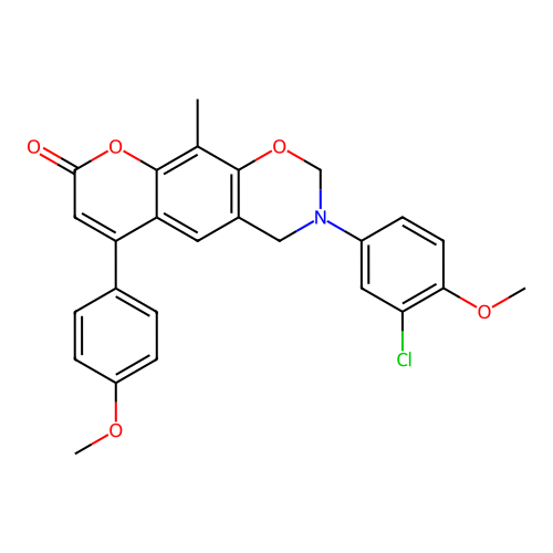 3-(3-chloro-4-methoxyphenyl)-6-(4-methoxyphenyl)-10-methyl-3,4-dihydrochromeno[6,7-e][1,3]oxazin-8(2H)-one structure