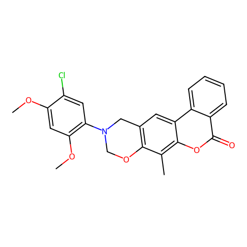 10-(5-chloro-2,4-dimethoxyphenyl)-7-methyl-10,11-dihydrobenzo[3,4]chromeno[6,7-e][1,3]oxazin-5(9H)-one structure