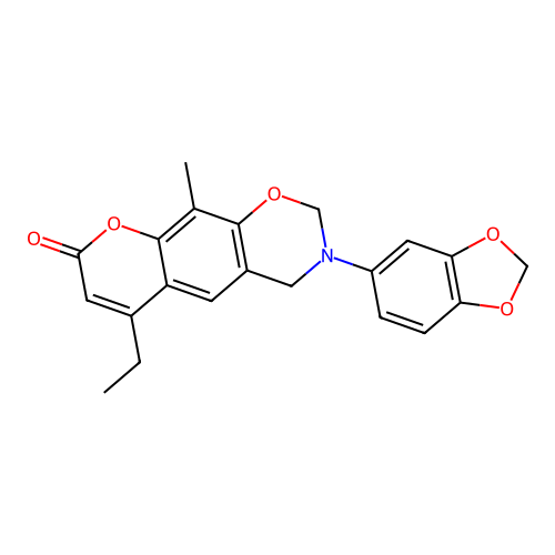 3-(benzo[d][1,3]dioxol-5-yl)-6-ethyl-10-methyl-3,4-dihydrochromeno[6,7-e][1,3]oxazin-8(2H)-one structure