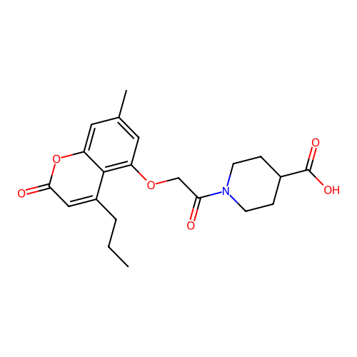 1-(2-((7-methyl-2-oxo-4-propyl-2H-chromen-5-yl)oxy)acetyl)piperidine-4-carboxylic acid structure